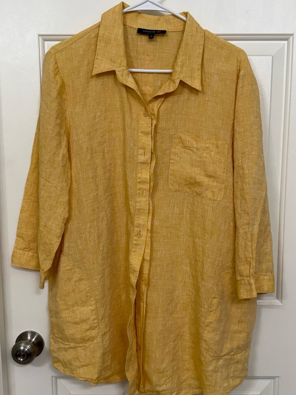 Lafayette 148 Yellow Linen Button-Front Longline Shirt - Large